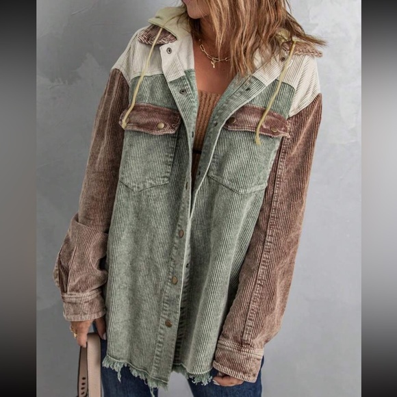 Cozy Corduroy Hoodie Jacket Shacket Button Down Shirt - Picture 7 of 16